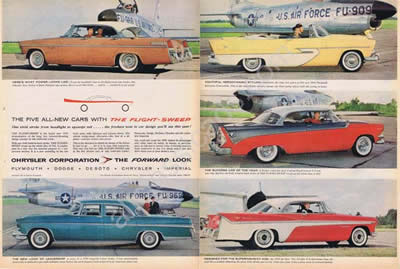 1956 Chrysler New Yorker 4-Door Newport, Imperial 4-Door Sedan, Plymouth Belvedere Convertible, Dodge Custom Royal Lancer V-8, and the De Soto Fireflite V-8 Sportsman 