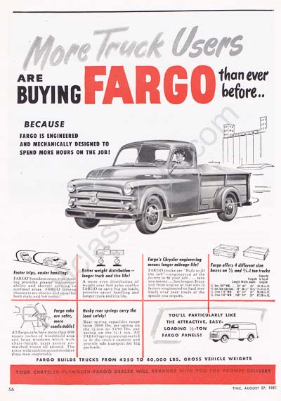 1951 Fargo truck easy handling better weight distribution longer mileage life 4 different bed sizes safer more comfortable ad