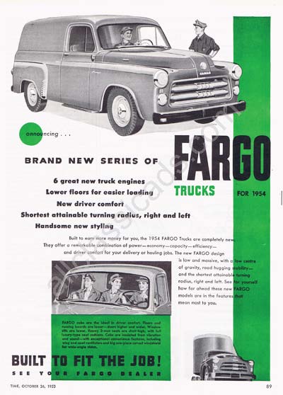 1954 Fargo Truck 6 new truck engines 2 door coupe ad
