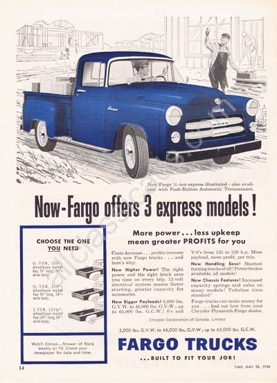 1956 Fargo Truck 3 different bed sizes express models 2 door coupe ad