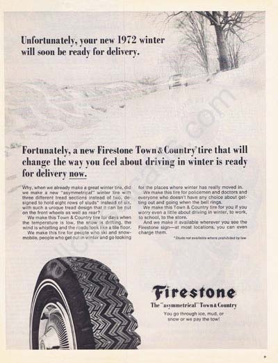 1972 Firestone asymmetrical town and & country tires winter ad