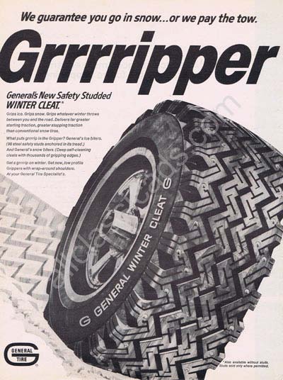 1968 General Tires gripper safety studded winter cleat ad