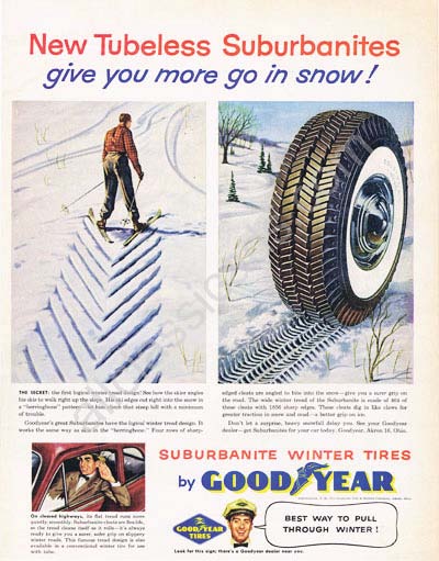 1955 Goodyear tubeless suburbanites herringbone pattern tires ad