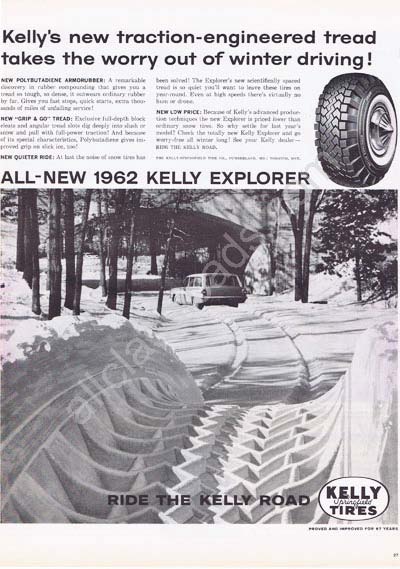 1962 Kelly traction engineered tread kelly explorer tires ad