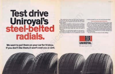 1972 Uniroyal steel belted radials tires 14 fourteen day trial ad